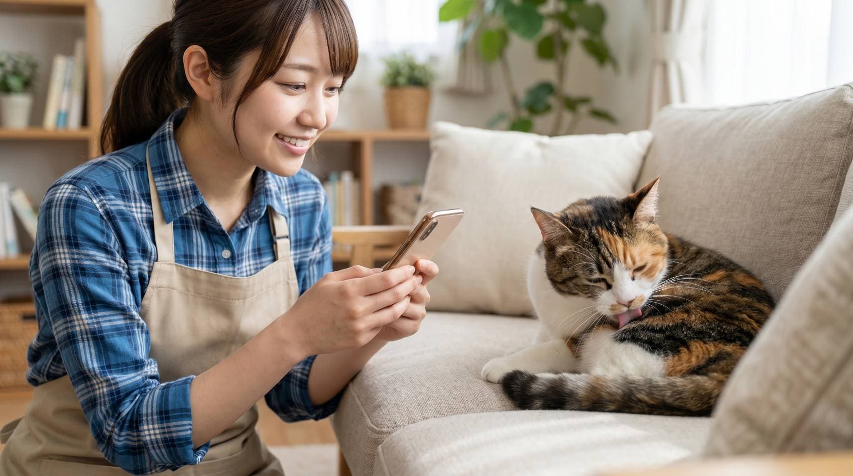 ペットシッターがスマートフォンで猫の様子を撮影している様子