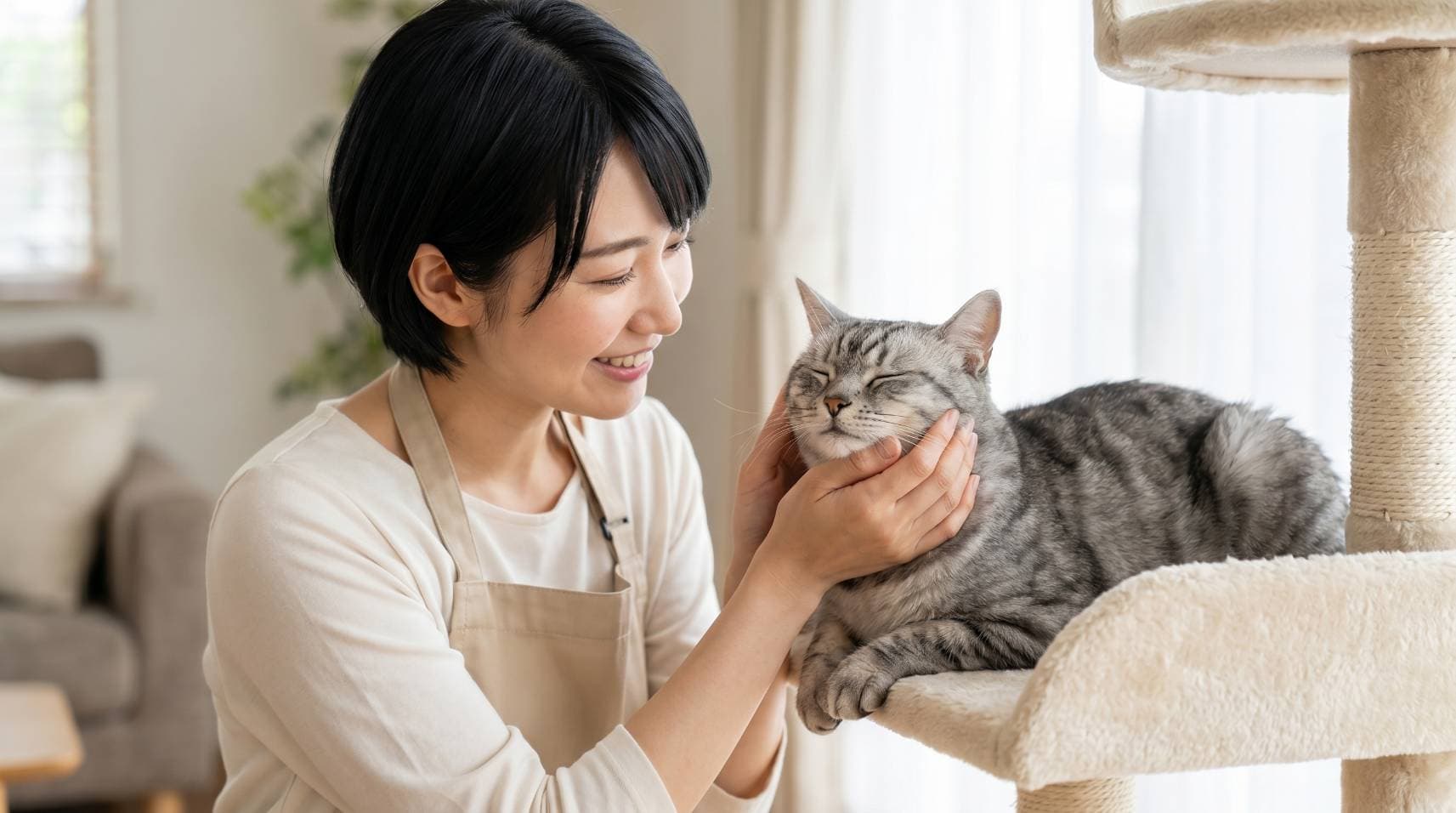 エプロン姿のペットシッターが猫をやさしく撫でている様子