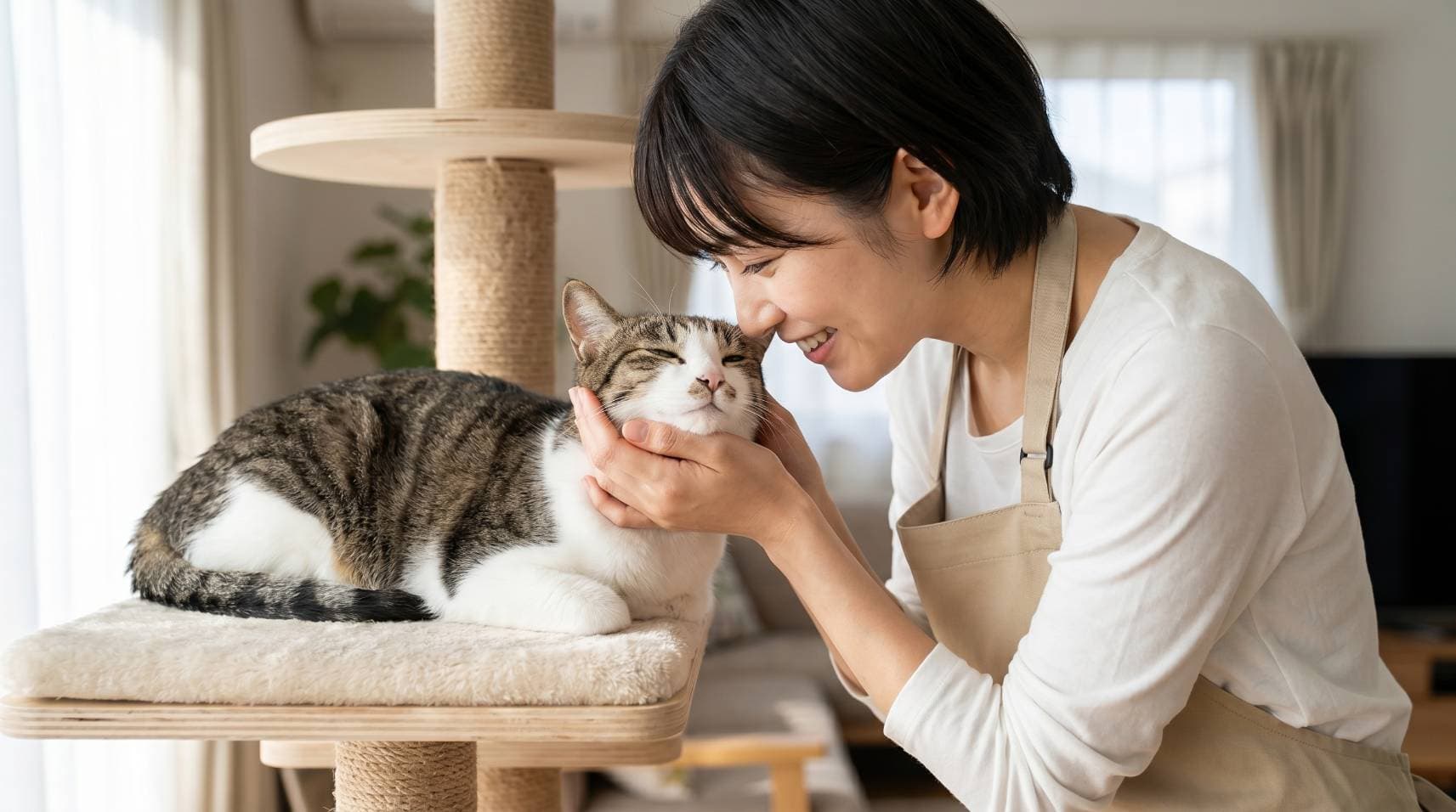 ペットシッターが猫と顔を寄せ合い穏やかに触れ合っている様子