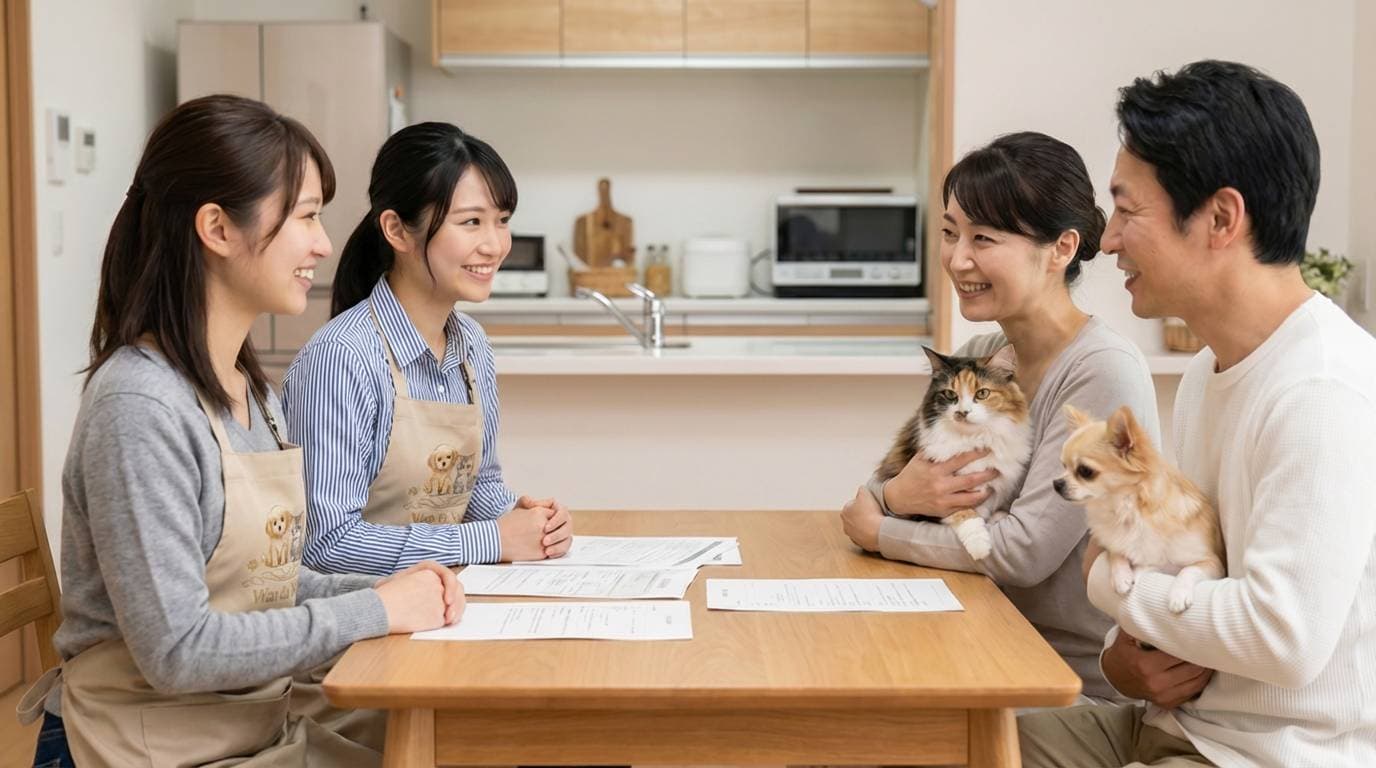 ペットシッターのスタッフがご自宅で飼い主様と打ち合わせをしている様子