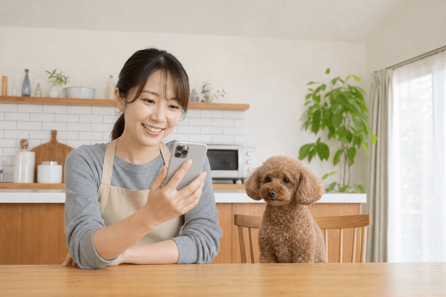 ペットシッターがスマートフォンで飼い主様とお問い合わせの相談をしている様子